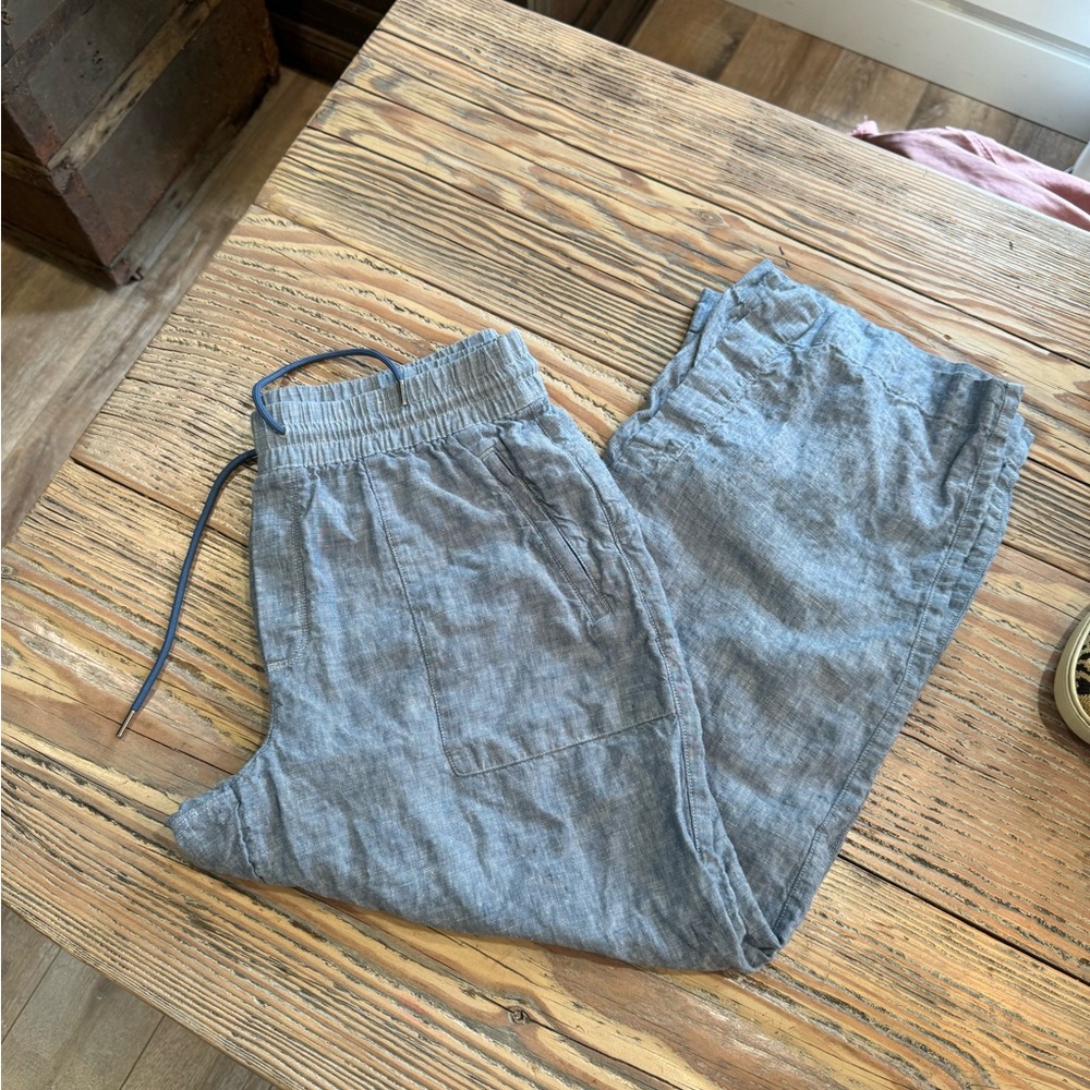 ATHLETA Pant Women 12P Retreat Linen Mid Rise Wide Leg Blue Pull-On